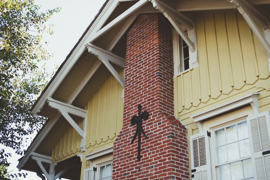 Residential roofline with gutters along the eaves